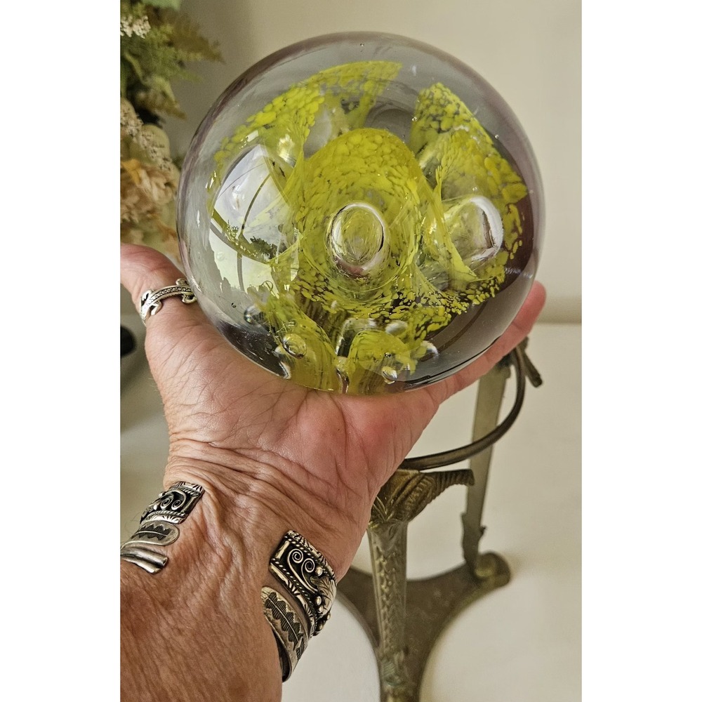 Vintage Yellow Orb Controlled Bubble Art Glass Paperweight 6lbs Large